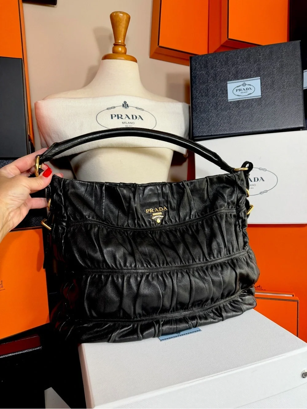 Prada 🌟 Black Runched Leather Shoulder Bag with Gold ! Offers always welcome!